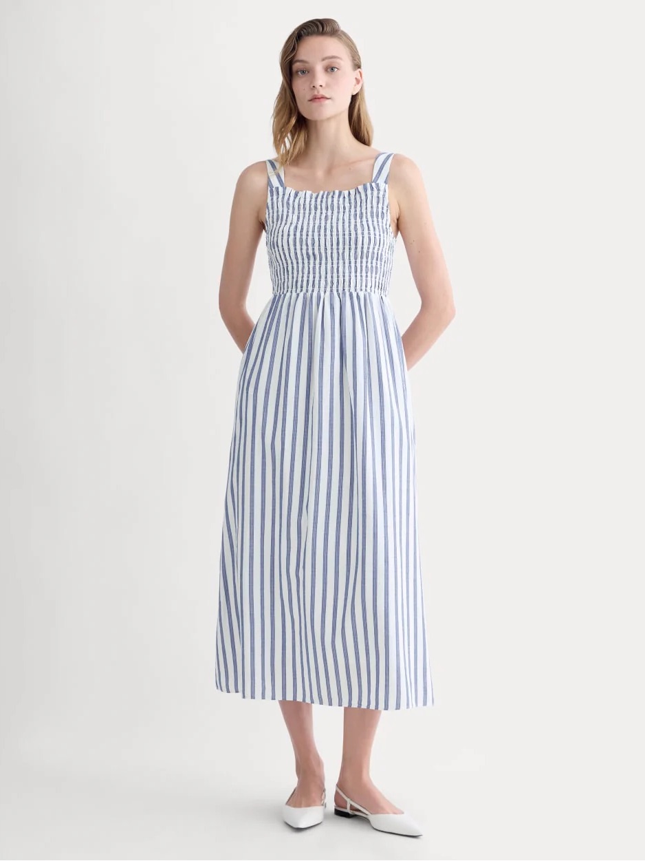 Everlane The Gauze Smock Dress White / Mazarine Blue Stripe Xl 100% Cotton
